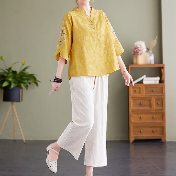 Camicia da donna in cotone e lino con colletto a punta, manica a tre quarti, ricamo estivo con Buddha Stones e fiori - image 17
