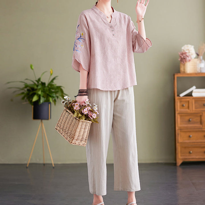 Camicia da donna in cotone e lino con colletto a punta, manica a tre quarti, ricamo estivo con Buddha Stones e fiori - image 5