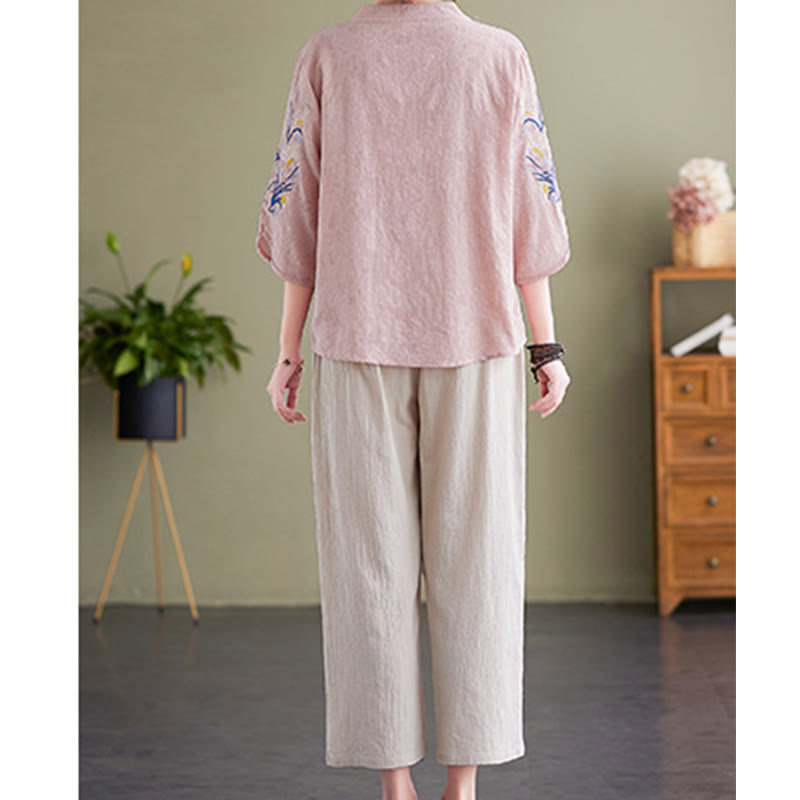 Camicia da donna in cotone e lino con colletto a punta, manica a tre quarti, ricamo estivo con Buddha Stones e fiori - image 2