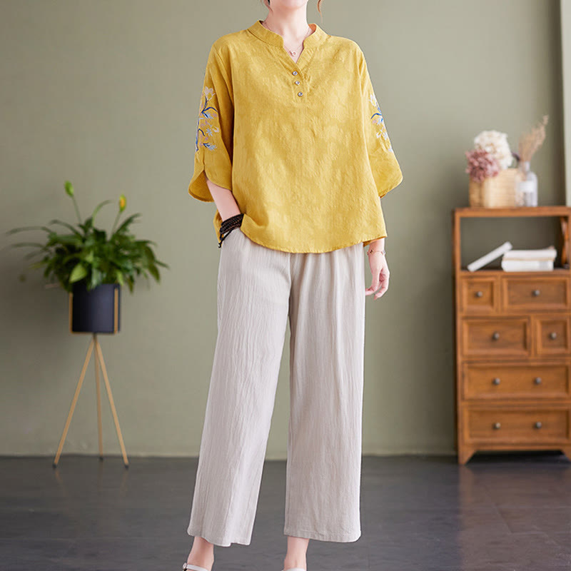 Camicia da donna in cotone e lino con colletto a punta, manica a tre quarti, ricamo estivo con Buddha Stones e fiori - image 15