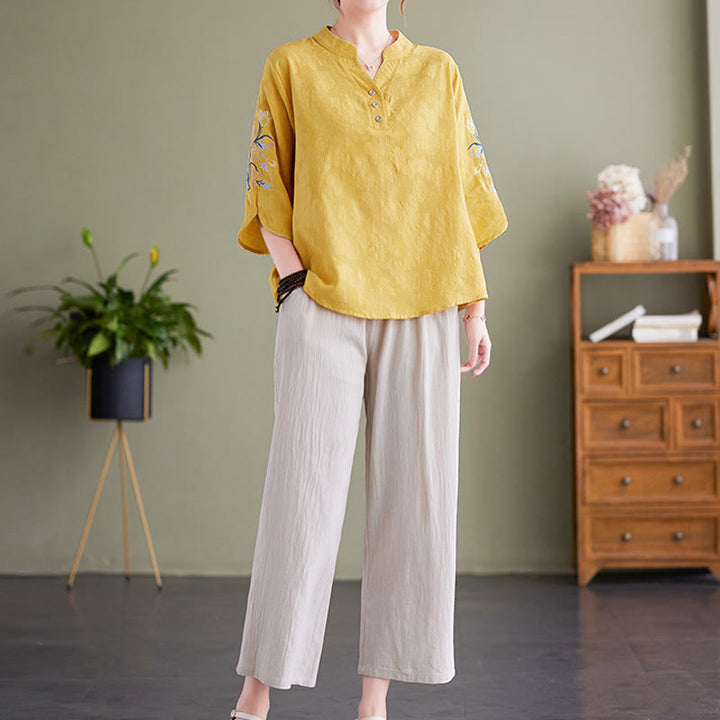 Camicia da donna in cotone e lino con colletto a punta, manica a tre quarti, ricamo estivo con Buddha Stones e fiori - image 15