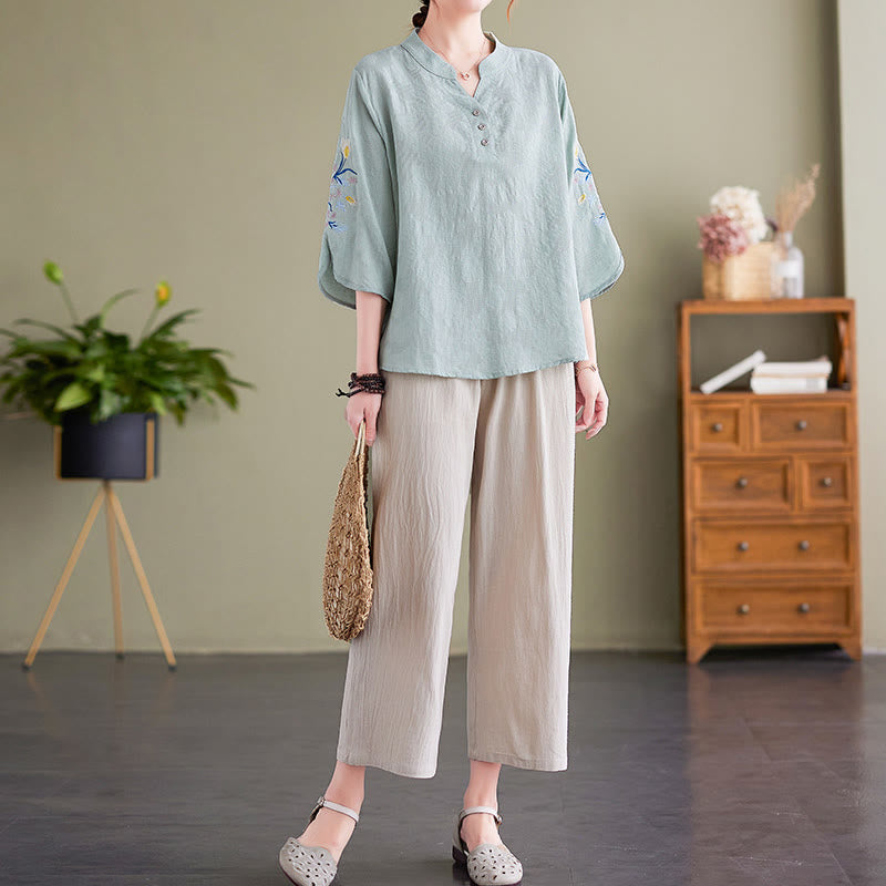 Camicia da donna in cotone e lino con colletto a punta, manica a tre quarti, ricamo estivo con Buddha Stones e fiori - image 8