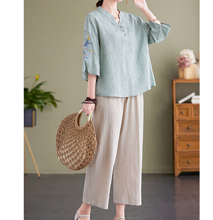 Camicia da donna in cotone e lino con colletto a punta, manica a tre quarti, ricamo estivo con Buddha Stones e fiori - image 11