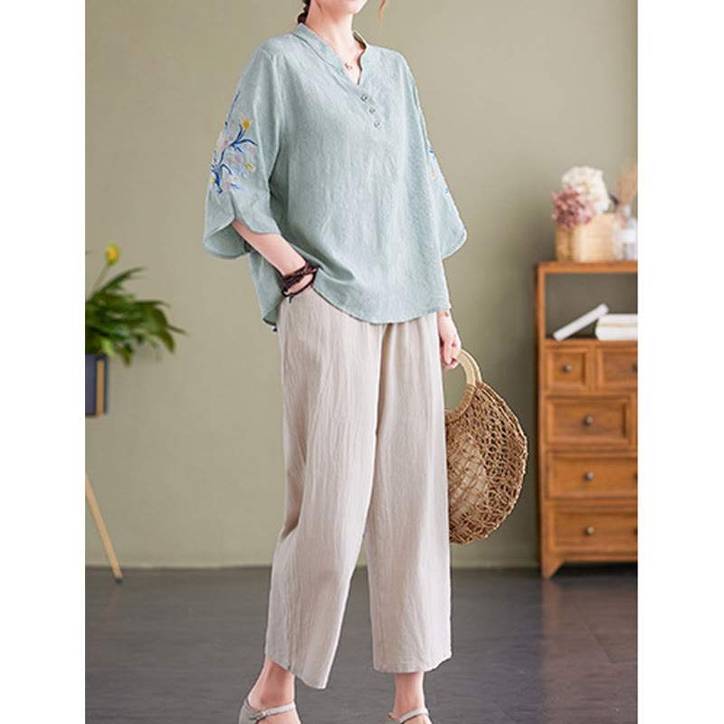 Camicia da donna in cotone e lino con colletto a punta, manica a tre quarti, ricamo estivo con Buddha Stones e fiori - image 12