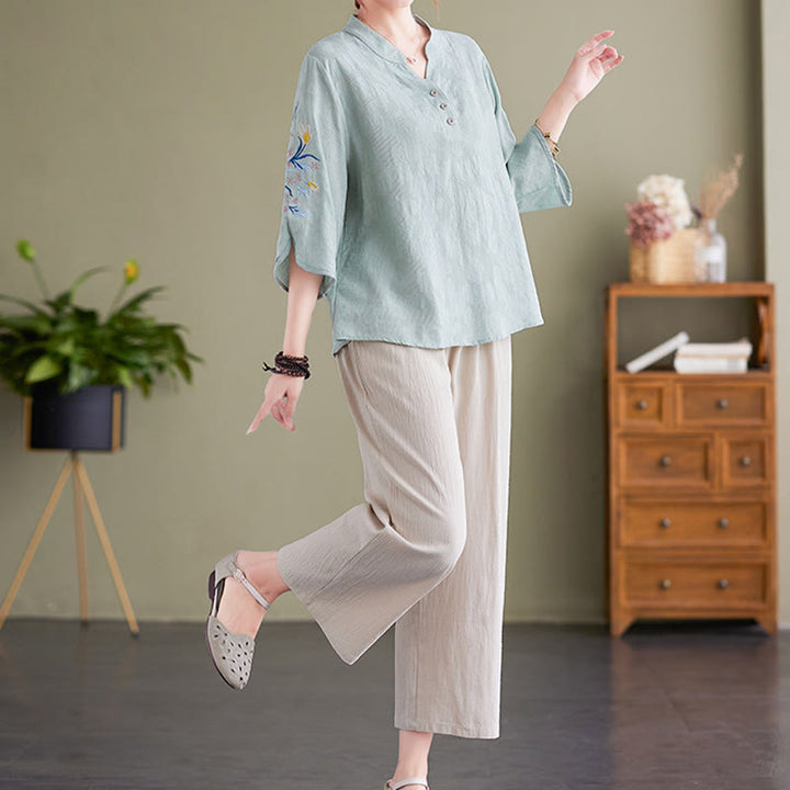 Camicia da donna in cotone e lino con colletto a punta, manica a tre quarti, ricamo estivo con Buddha Stones e fiori - image 13