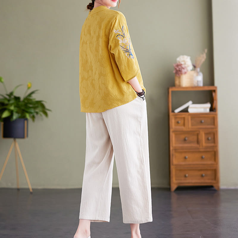 Camicia da donna in cotone e lino con colletto a punta, manica a tre quarti, ricamo estivo con Buddha Stones e fiori - image 16