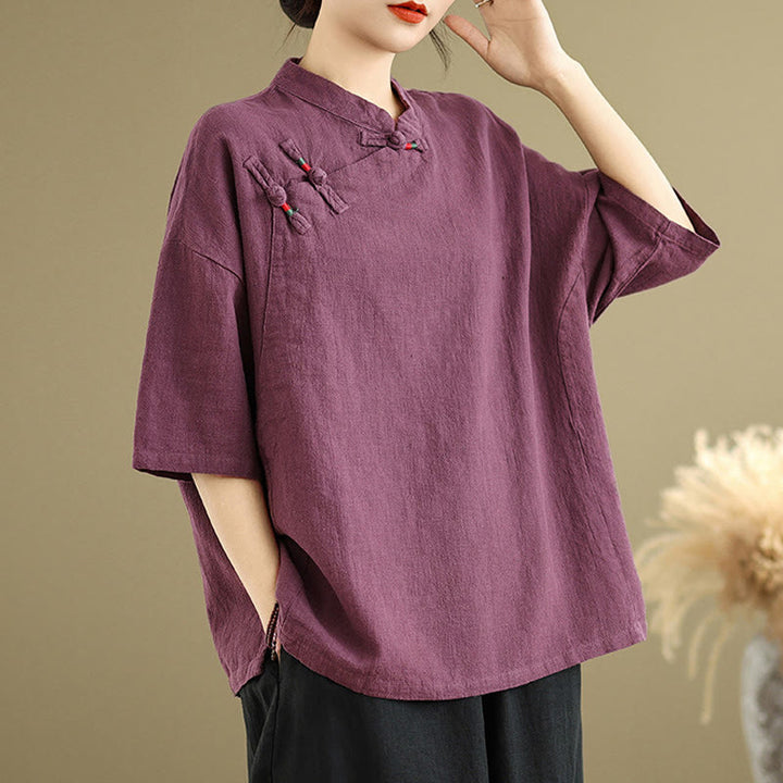 Camicia da donna in cotone e lino a mezza manica con colletto rialzato, motivo Buddha Stones, semplice motivo cinese con bottoni a rana - image 8