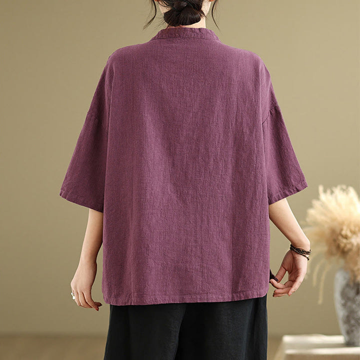 Camicia da donna in cotone e lino a mezza manica con colletto rialzato, motivo Buddha Stones, semplice motivo cinese con bottoni a rana - image 7