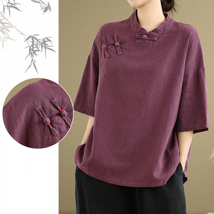 Camicia da donna in cotone e lino a mezza manica con colletto rialzato, motivo Buddha Stones, semplice motivo cinese con bottoni a rana - image 9