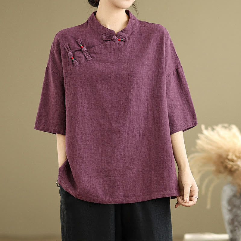 Camicia da donna in cotone e lino a mezza manica con colletto rialzato, motivo Buddha Stones, semplice motivo cinese con bottoni a rana - Viola - US8-10, UK/AU12-14, EU40-42 (2XL) - image 6