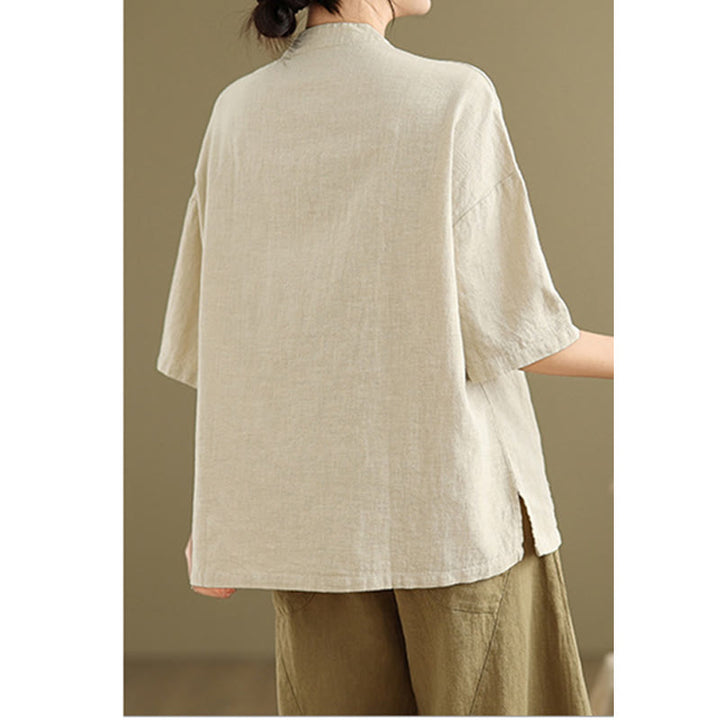 Camicia da donna in cotone e lino a mezza manica con colletto rialzato, motivo Buddha Stones, semplice motivo cinese con bottoni a rana - image 3