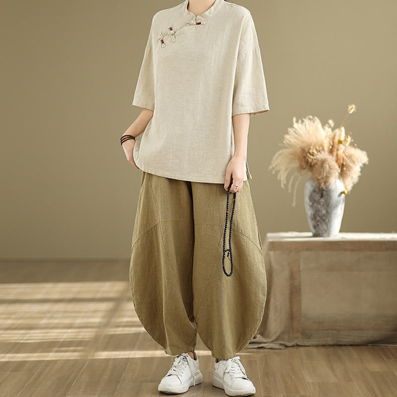 Camicia da donna in cotone e lino a mezza manica con colletto rialzato, motivo Buddha Stones, semplice motivo cinese con bottoni a rana - image 4