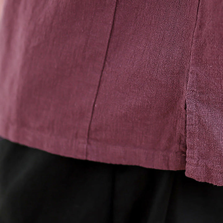 Camicia da donna in cotone e lino a mezza manica con colletto rialzato, motivo Buddha Stones, semplice motivo cinese con bottoni a rana - image 16