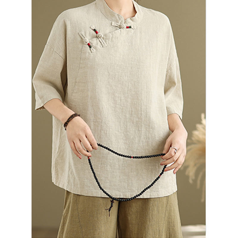 Camicia da donna in cotone e lino a mezza manica con colletto rialzato, motivo Buddha Stones, semplice motivo cinese con bottoni a rana - image 2