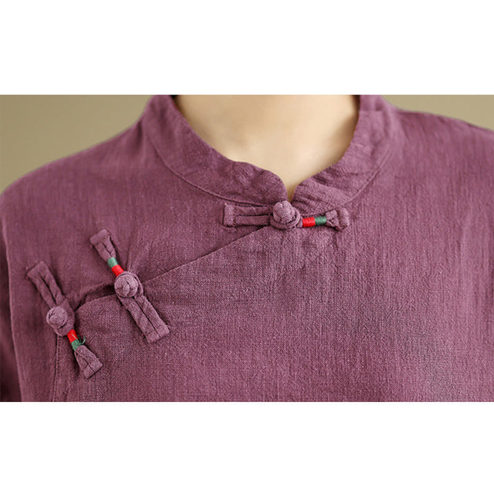 Camicia da donna in cotone e lino a mezza manica con colletto rialzato, motivo Buddha Stones, semplice motivo cinese con bottoni a rana - image 12