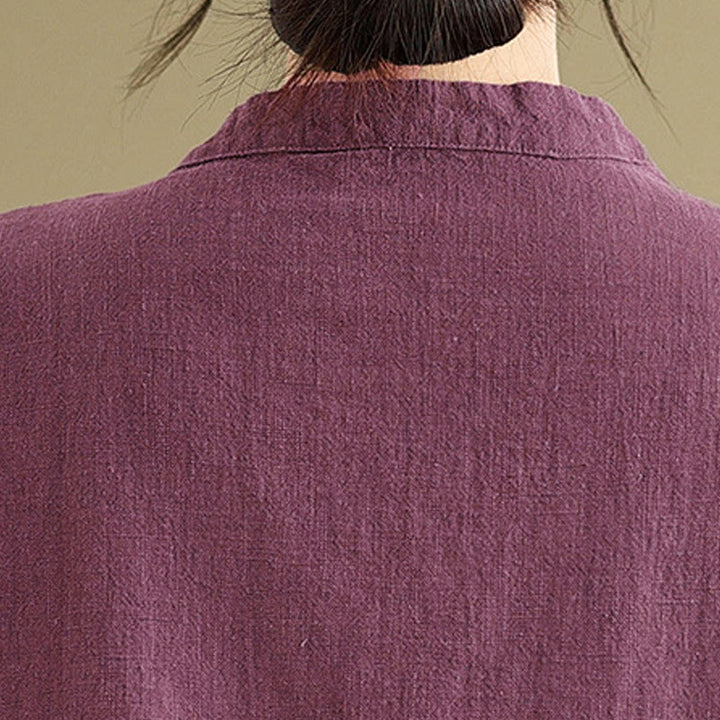 Camicia da donna in cotone e lino a mezza manica con colletto rialzato, motivo Buddha Stones, semplice motivo cinese con bottoni a rana - image 13