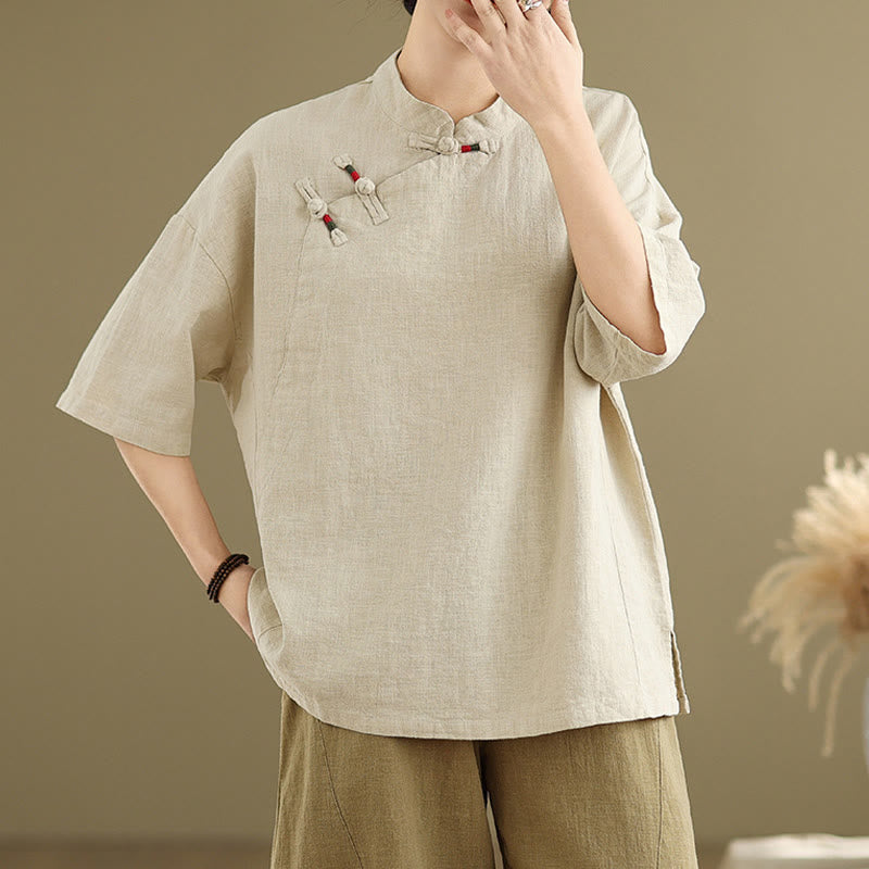 Camicia da donna in cotone e lino a mezza manica con colletto rialzato, motivo Buddha Stones, semplice motivo cinese con bottoni a rana - LemonChiffon - US8-10, UK/AU12-14, EU40-42 (2XL) - image 0