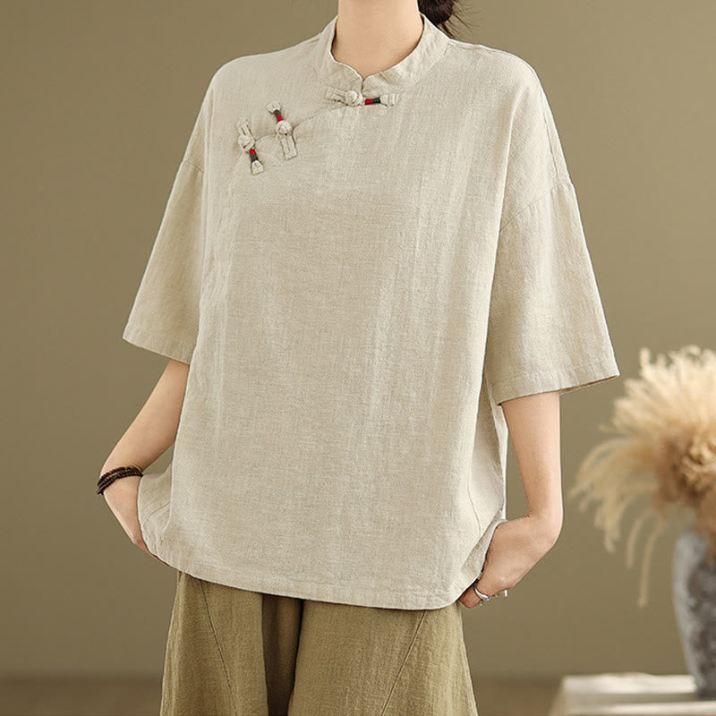 Camicia da donna in cotone e lino a mezza manica con colletto rialzato, motivo Buddha Stones, semplice motivo cinese con bottoni a rana - image 1