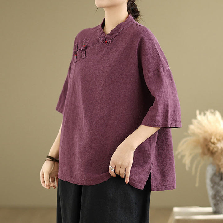 Camicia da donna in cotone e lino a mezza manica con colletto rialzato, motivo Buddha Stones, semplice motivo cinese con bottoni a rana - image 10