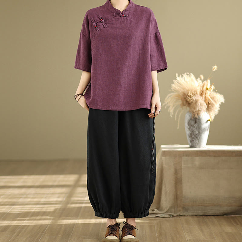 Camicia da donna in cotone e lino a mezza manica con colletto rialzato, motivo Buddha Stones, semplice motivo cinese con bottoni a rana - image 11