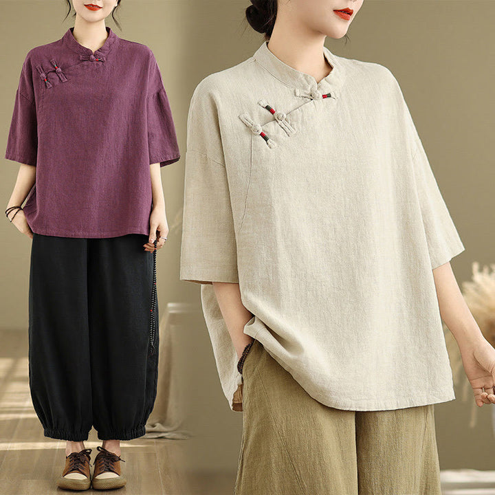 Camicia da donna in cotone e lino a mezza manica con colletto rialzato, motivo Buddha Stones, semplice motivo cinese con bottoni a rana - image 5