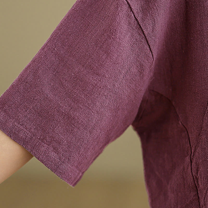 Camicia da donna in cotone e lino a mezza manica con colletto rialzato, motivo Buddha Stones, semplice motivo cinese con bottoni a rana - image 15