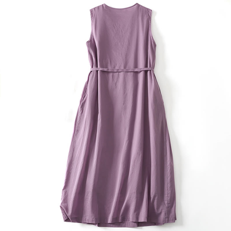 Abito midi in cotone senza maniche con tasche e motivo a fisarmonica in tinta unita Buddha Stones - image 1