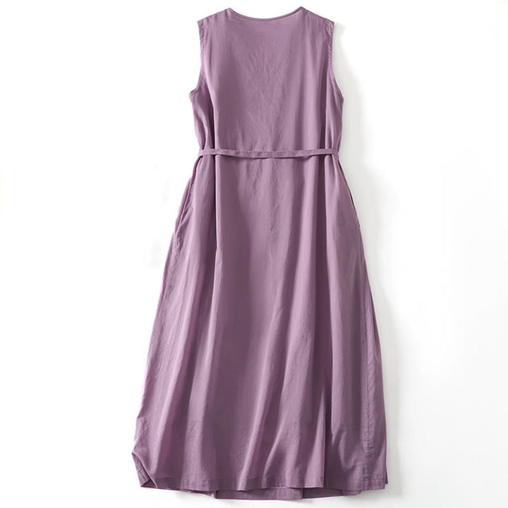 Abito midi in cotone senza maniche con tasche e motivo a fisarmonica in tinta unita Buddha Stones - image 1