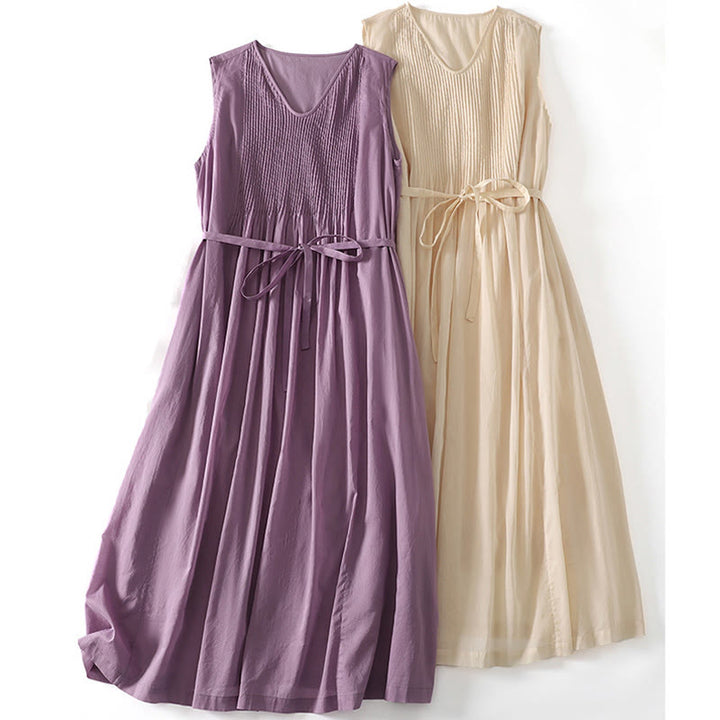 Abito midi in cotone senza maniche con tasche e motivo a fisarmonica in tinta unita Buddha Stones - image 16