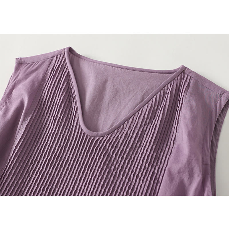 Abito midi in cotone senza maniche con tasche e motivo a fisarmonica in tinta unita Buddha Stones - image 2