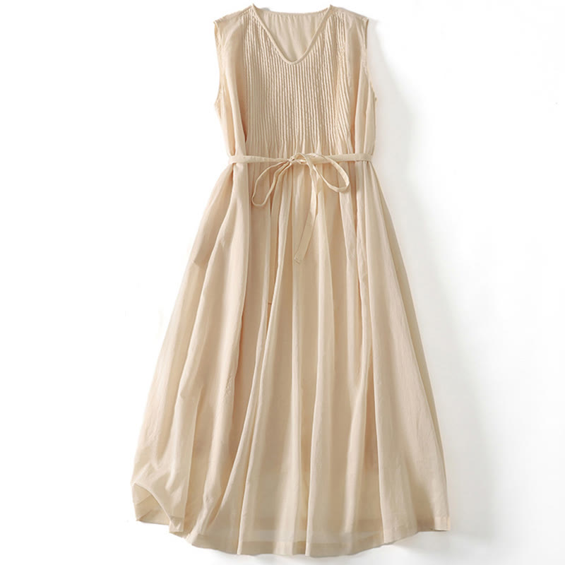 Abito midi in cotone senza maniche con tasche e motivo a fisarmonica in tinta unita Buddha Stones - Verga d'oro chiaraGiallo - US8-10, UK/AU12-14, EU40-42 (2XL) - image 11