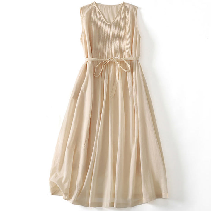 Abito midi in cotone senza maniche con tasche e motivo a fisarmonica in tinta unita Buddha Stones - Verga d'oro chiaraGiallo - US8-10, UK/AU12-14, EU40-42 (2XL) - image 11