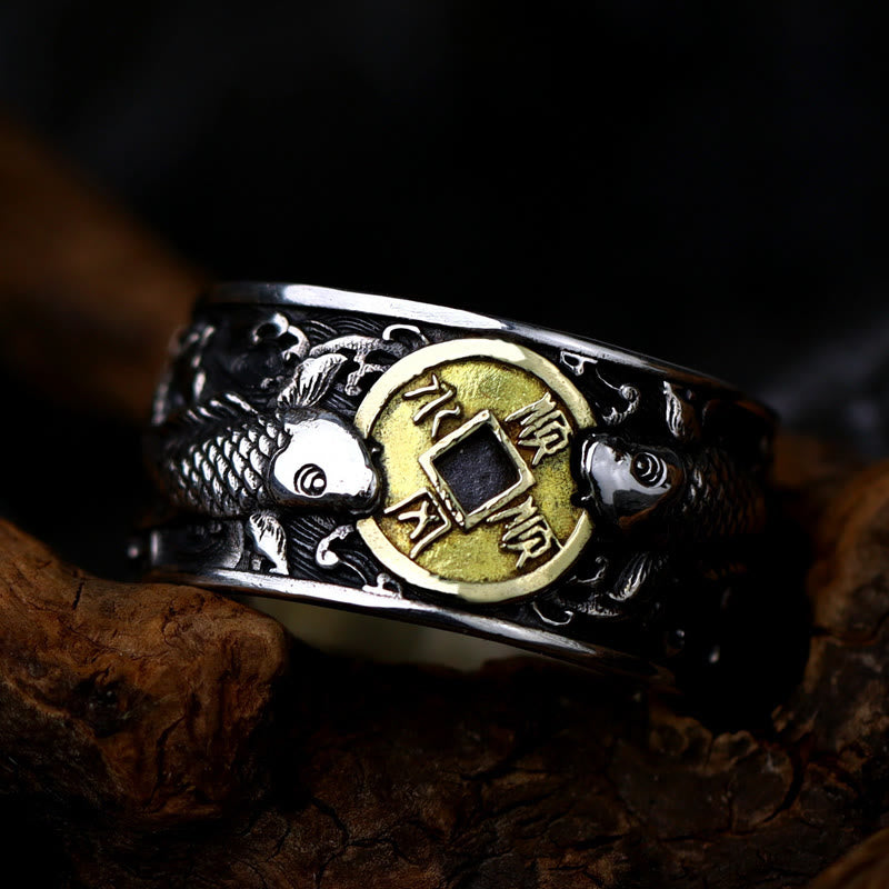 Buddha Stones con apertura regolabile in argento sterling 925, con pesce koi portafortuna, moneta di rame e nuvole di buon auspicio, simbolo di ricchezza