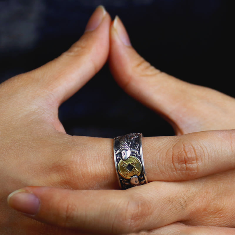 Buddha Stones con apertura regolabile in argento sterling 925, con pesce koi portafortuna, moneta di rame e nuvole di buon auspicio, simbolo di ricchezza