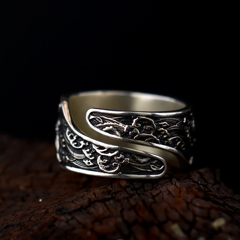 Buddha Stones con apertura regolabile in argento sterling 925, con pesce koi portafortuna, moneta di rame e nuvole di buon auspicio, simbolo di ricchezza