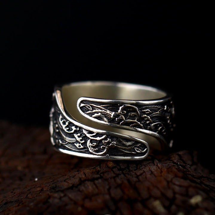 Buddha Stones con apertura regolabile in argento sterling 925, con pesce koi portafortuna, moneta di rame e nuvole di buon auspicio, simbolo di ricchezza