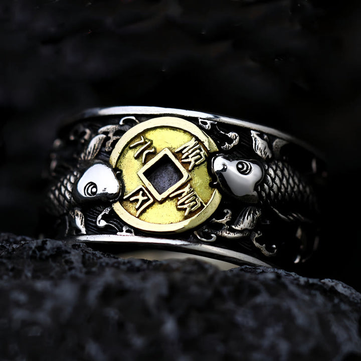 Buddha Stones con apertura regolabile in argento sterling 925, con pesce koi portafortuna, moneta di rame e nuvole di buon auspicio, simbolo di ricchezza