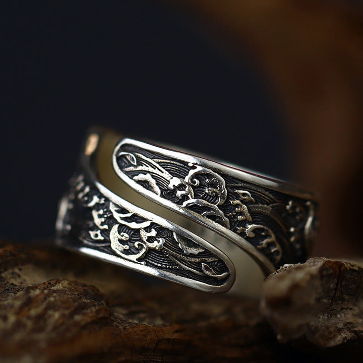 Buddha Stones con apertura regolabile in argento sterling 925, con pesce koi portafortuna, moneta di rame e nuvole di buon auspicio, simbolo di ricchezza