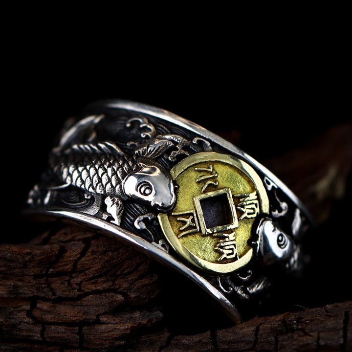 Buddha Stones con apertura regolabile in argento sterling 925, con pesce koi portafortuna, moneta di rame e nuvole di buon auspicio, simbolo di ricchezza