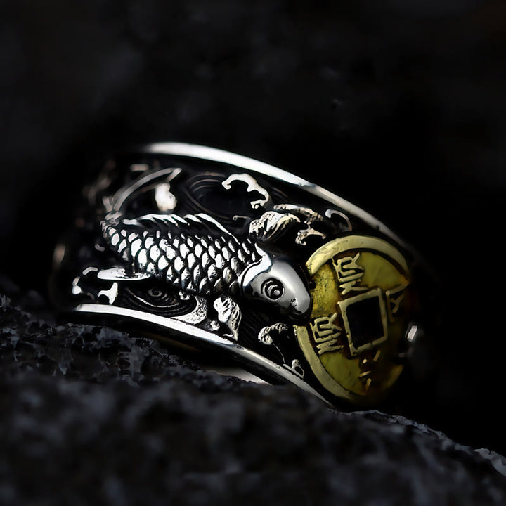 Buddha Stones con apertura regolabile in argento sterling 925, con pesce koi portafortuna, moneta di rame e nuvole di buon auspicio, simbolo di ricchezza