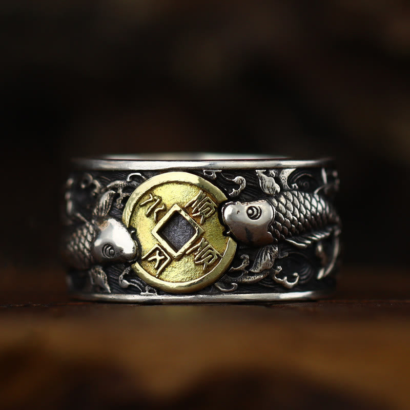 Buddha Stones con apertura regolabile in argento sterling 925, con pesce koi portafortuna, moneta di rame e nuvole di buon auspicio, simbolo di ricchezza