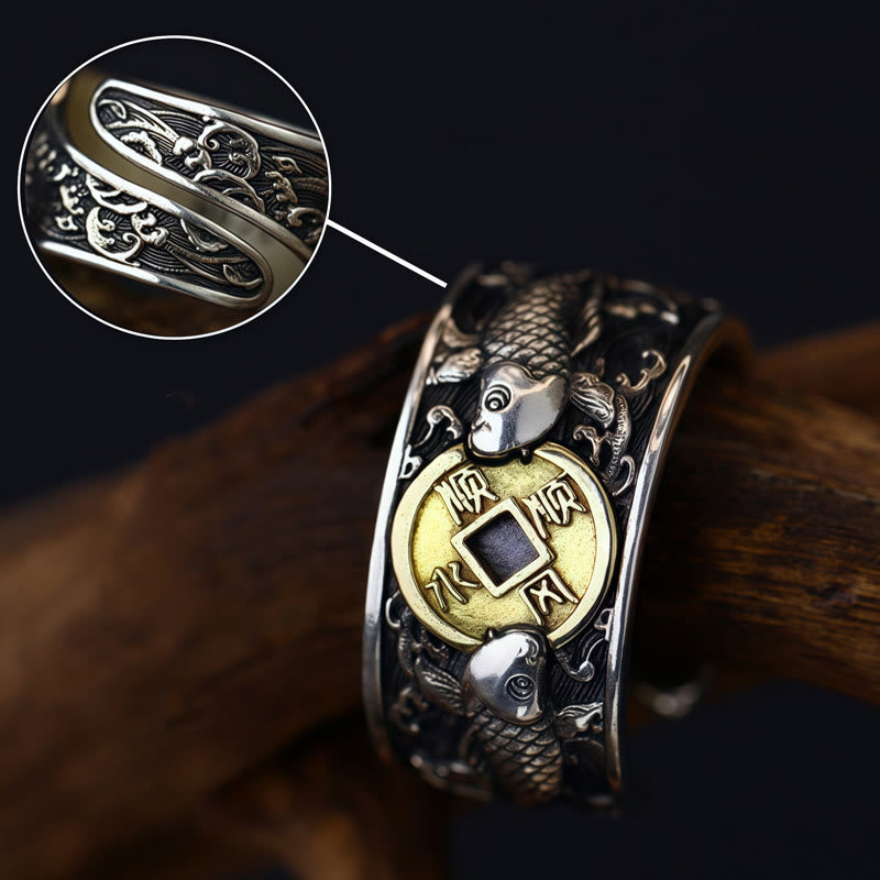 Buddha Stones con apertura regolabile in argento sterling 925, con pesce koi portafortuna, moneta di rame e nuvole di buon auspicio, simbolo di ricchezza
