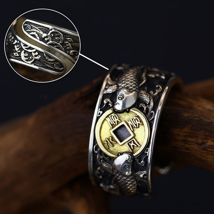 Buddha Stones con apertura regolabile in argento sterling 925, con pesce koi portafortuna, moneta di rame e nuvole di buon auspicio, simbolo di ricchezza