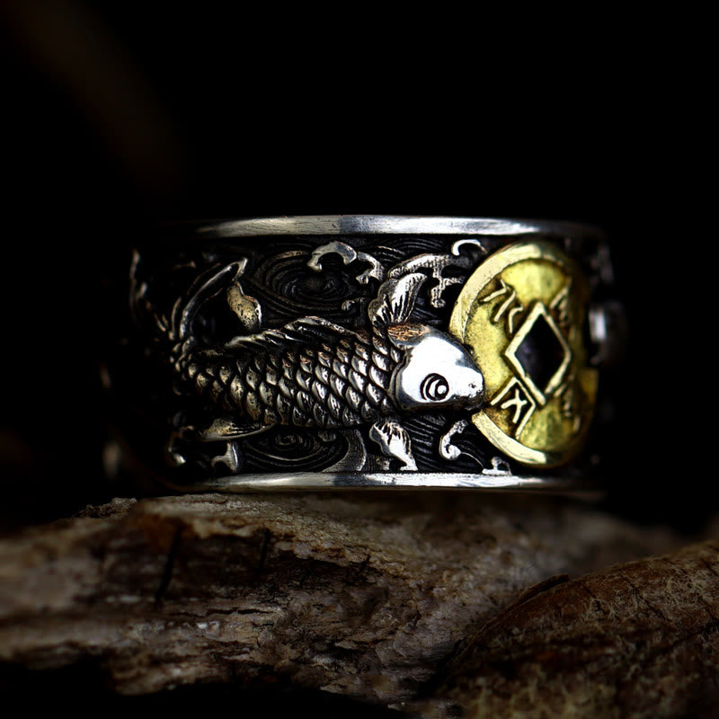 Buddha Stones con apertura regolabile in argento sterling 925, con pesce koi portafortuna, moneta di rame e nuvole di buon auspicio, simbolo di ricchezza