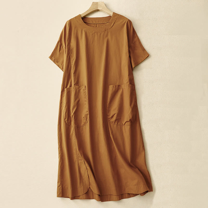 Abito midi estivo casual con scollo a giro semplice e maniche corte, con tasche, Buddha Stones - Cioccolato - US8-10, UK/AU12-14, EU40-42 (2XL) - image 0