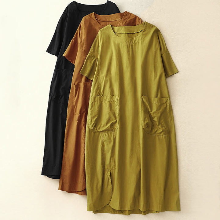 Abito midi estivo con scollo rotondo semplice e maniche corte, con tasche, motivo Buddha Stones - image 25