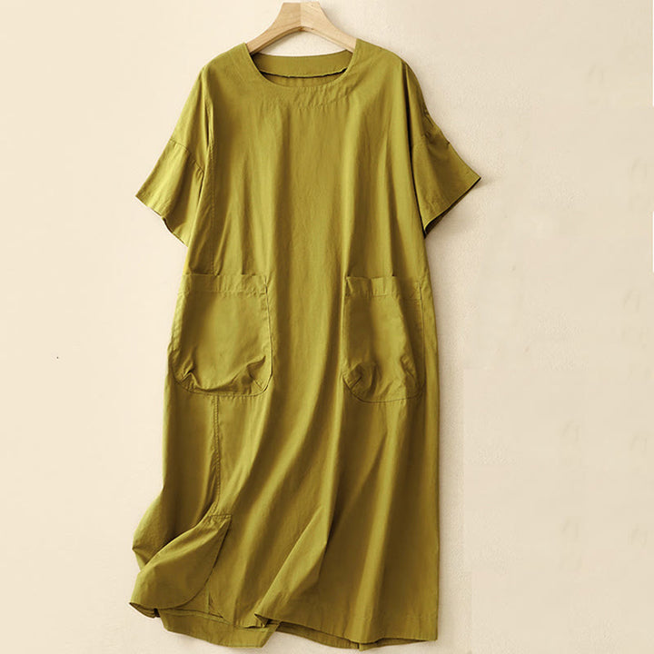Abito midi estivo casual con scollo a giro semplice e maniche corte, con tasche, Buddha Stones - GialloVerde - US8-10, UK/AU12-14, EU40-42 (2XL) - image 15