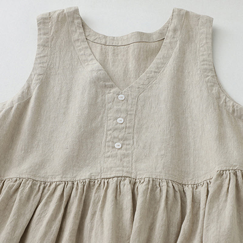 Abito midi senza maniche, casual, quotidiano, in tinta unita, con scollo a V e bottoni semplici, motivo Buddha Stones - image 2