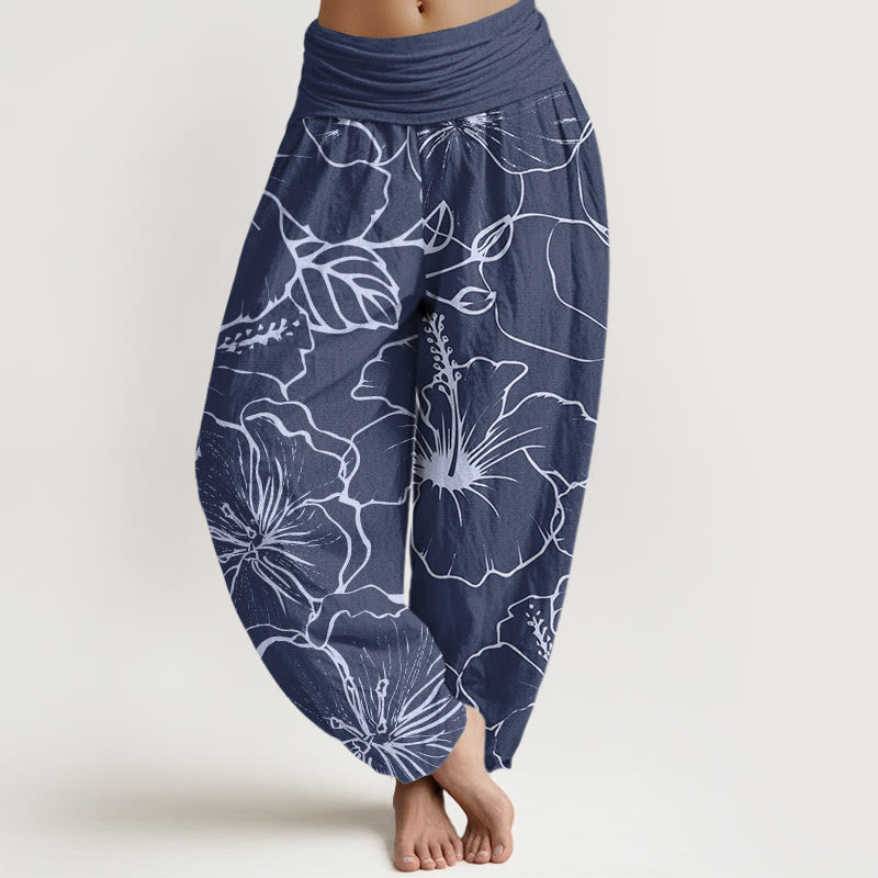 Pantaloni harem da donna con elastico in vita, in cotone, con motivo a fiori di gloria mattutina, motivo Buddha Stones - SteelBlue - US22, UK/AU26, EU54 (6XL) - image 0