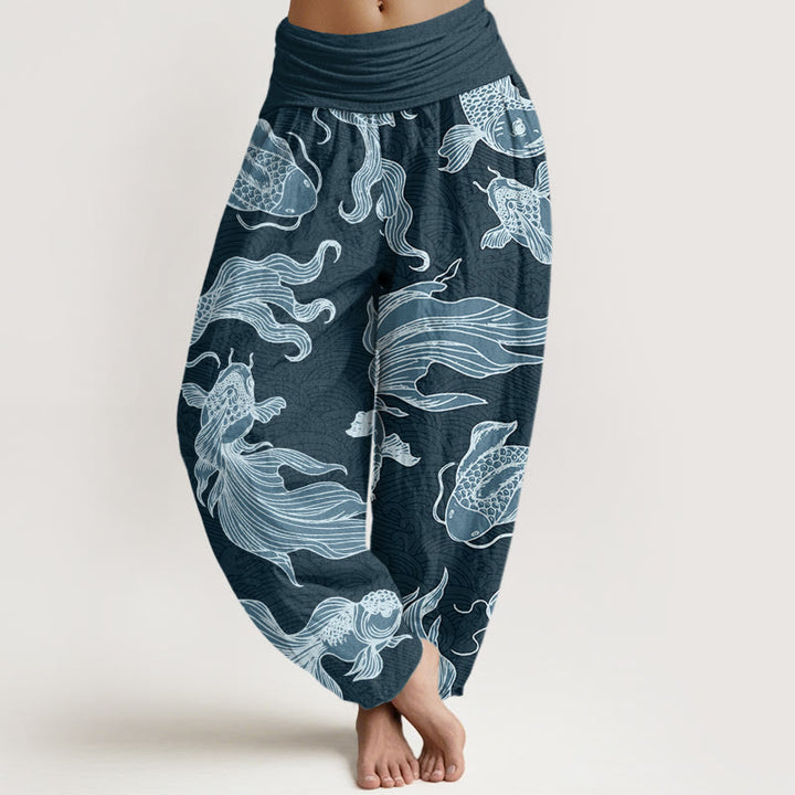 Pantaloni harem da donna con elastico in vita, motivo a onde e motivo a pesce koi e pietre Buddha Stones - CadetBlue - US22, UK/AU26, EU54 (6XL) - image 1